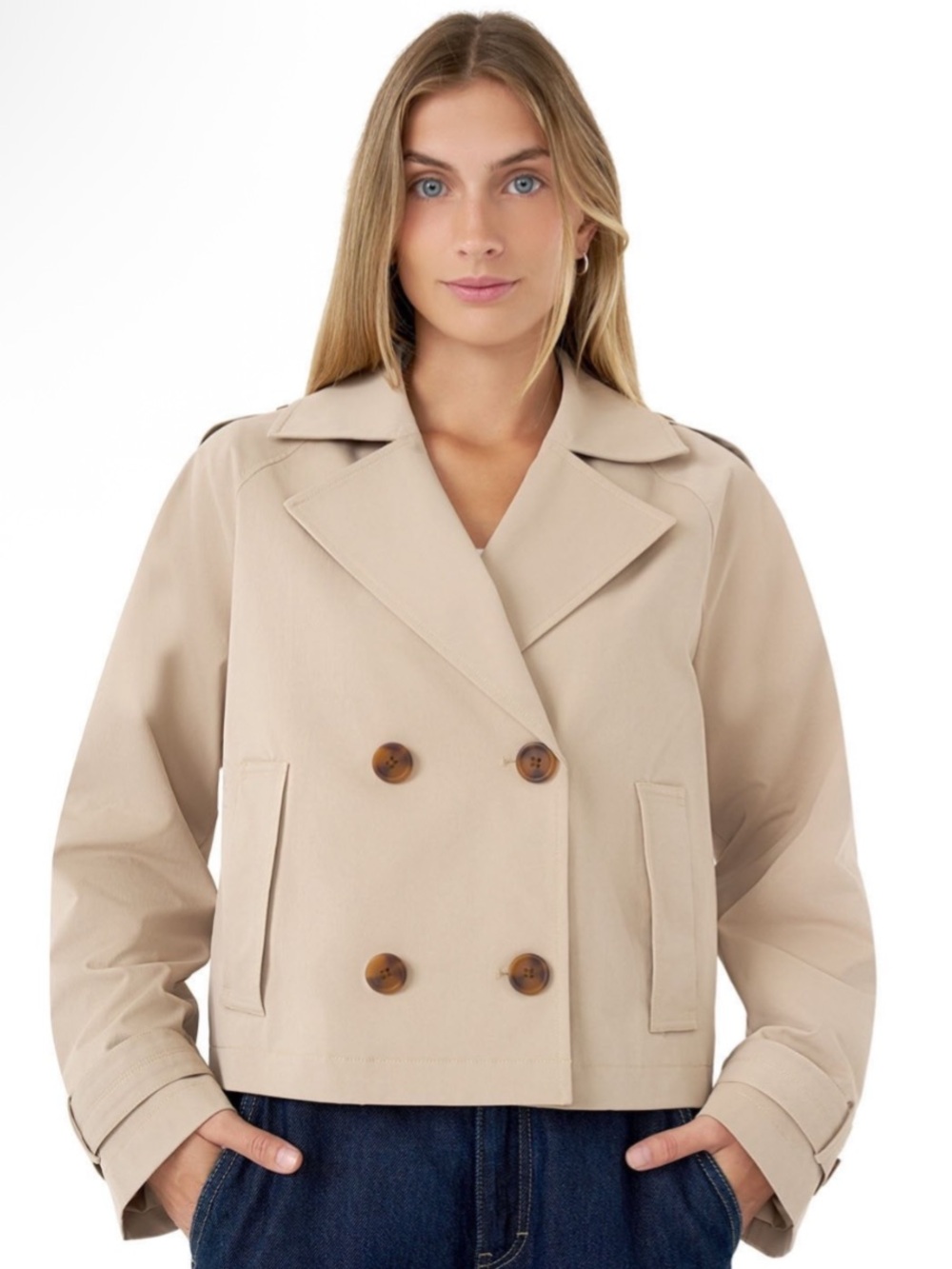 Rebecca Minkoff Cropped Beige Double-Breasted Trench Jacket - Picture 2 of 6